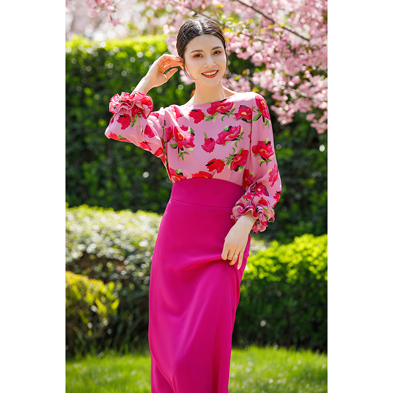 美妃八分袖花朵袖口松紧袖桑蚕丝