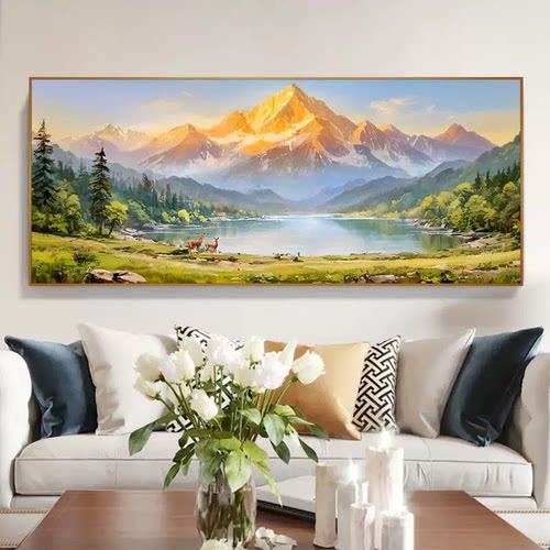 现代中式客厅纯手绘风景油画定制沙发背景墙装饰画聚宝盆金山挂画