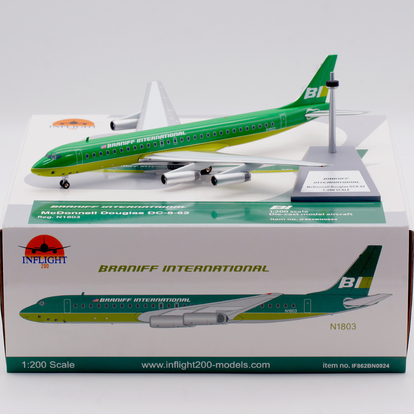 Inflight 1:200 合金飞机模型 布兰尼夫国际航空 DC-8-62 N1803