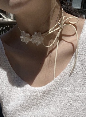 超音素白色山茶花系带项链颈链