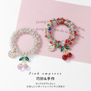 樱桃水钻彩色发圈女不伤发电话线发饰可俩用闺蜜同款精致手链头饰