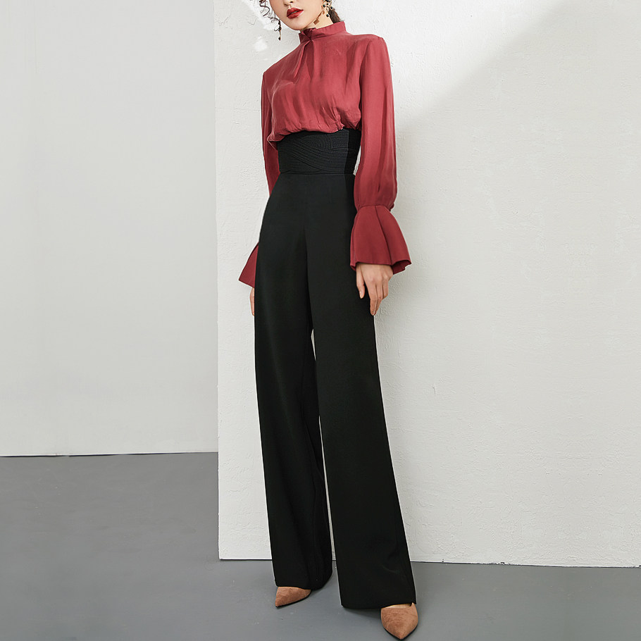 原创设计秋冬复古超高腰垂坠感阔腿裤女黑色 显瘦直筒裤拖地长裤