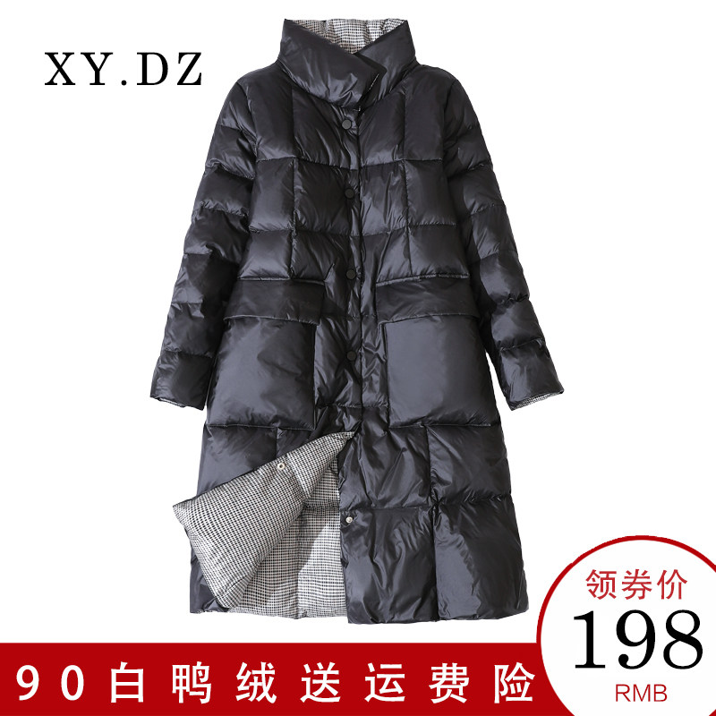 羽绒服女中长款两面穿2022年新款立领时尚休闲格子90白鸭绒外套冬