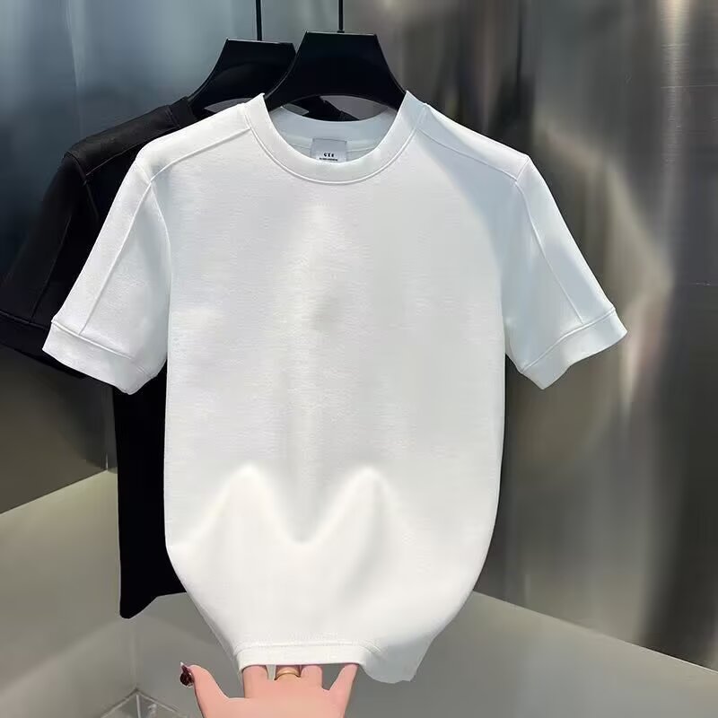 简约风圆领短袖T恤男夏季纯色拼接打底衫百搭休闲上衣套头透气