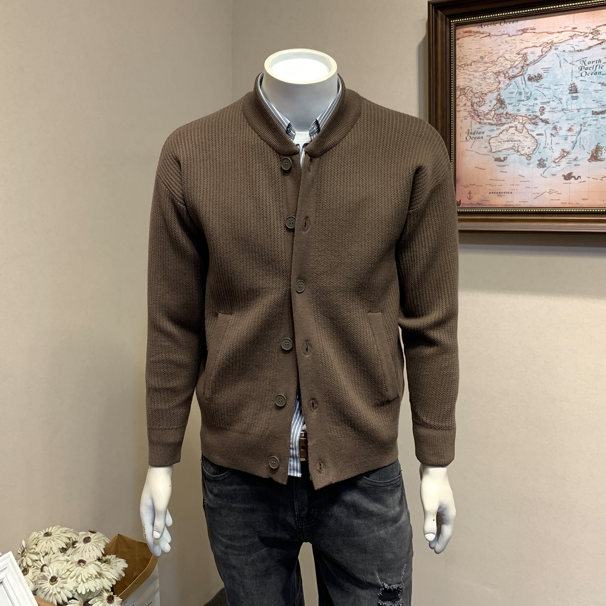 春秋季新款简约纯色棒球领针织开衫男士韩版修身毛衣外穿青年外套