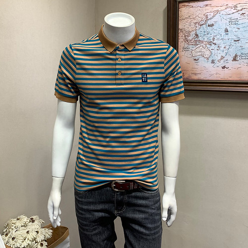 潮牌条纹撞色休闲短袖polo衫男