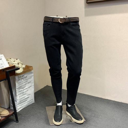 2025秋季秋冬季男士小脚牛仔裤韩版修身水洗黑色弹力男长裤新款男