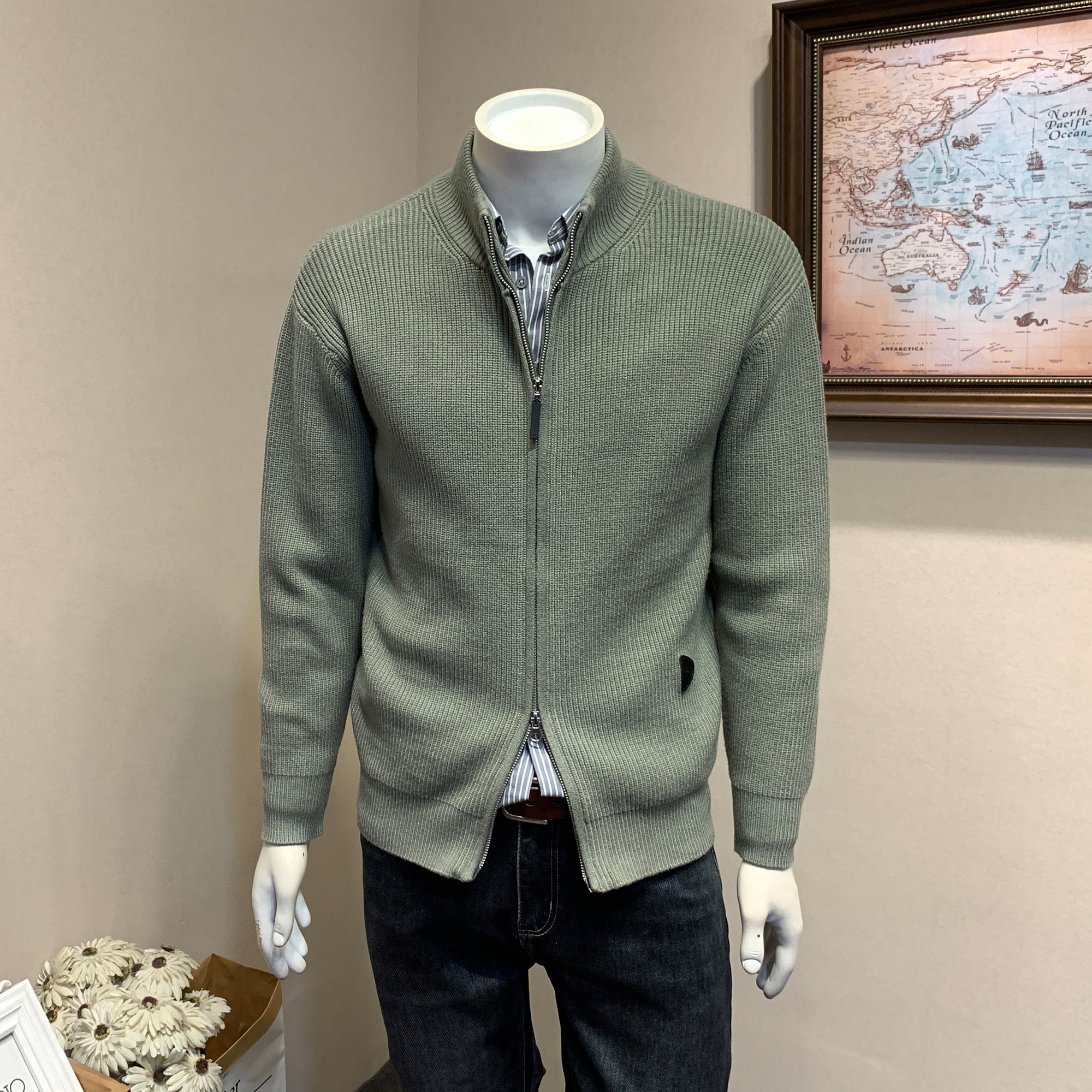 潮流高级感韩版修身立领针织开衫男士简约纯色轻熟毛衣外套上衣男