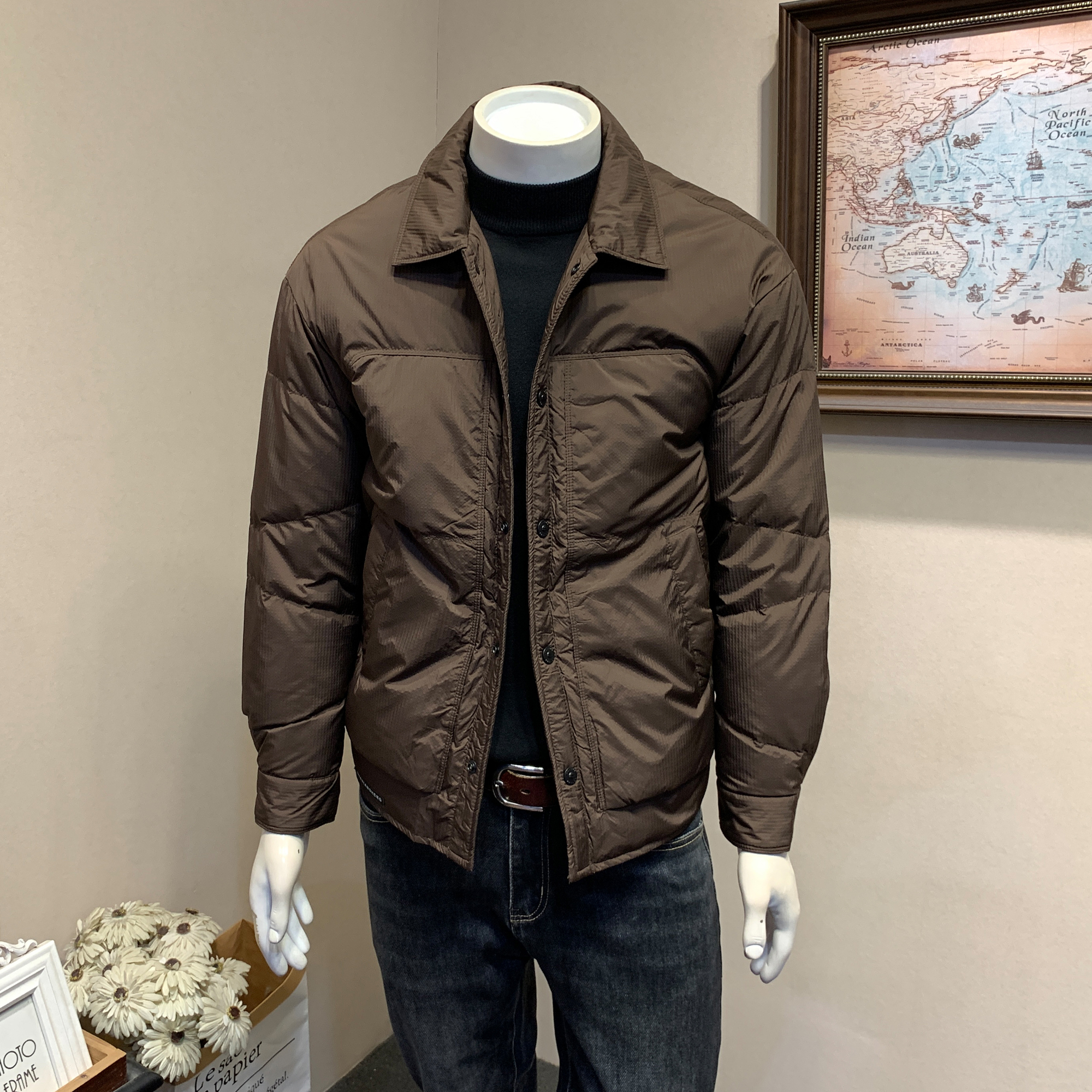 翻领轻薄衬衫式羽绒服男士外套