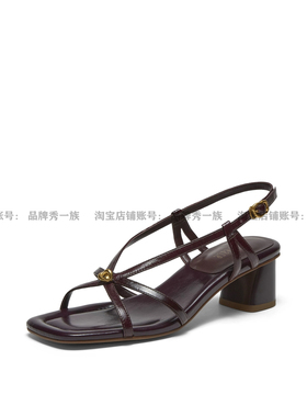 2026夏季新款同款羊皮如意纽结显瘦V口一字带粗跟凉鞋女Y1H14BL6