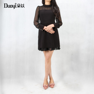 duoyi朵以2019秋装专柜蕾丝镂空性感袖长袖毛呢长裙连衣裙女