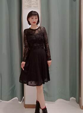商场同款针织连衣裙蕾丝拼接