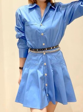 法单 M家2023早秋新款蓝色V领气质收腰褶皱百褶衬衫式长袖连衣裙