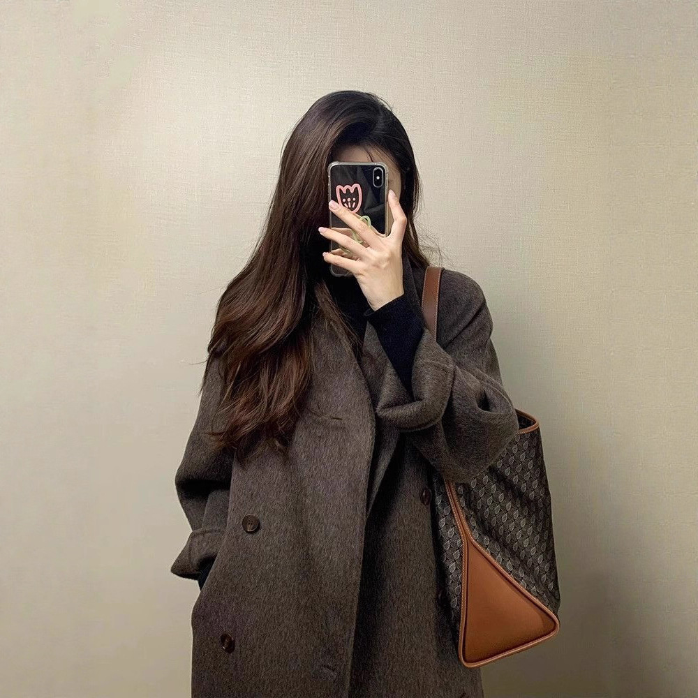 2025新款秋冬韩系西装毛呢子外套中长款美拉德单面羊绒大衣女