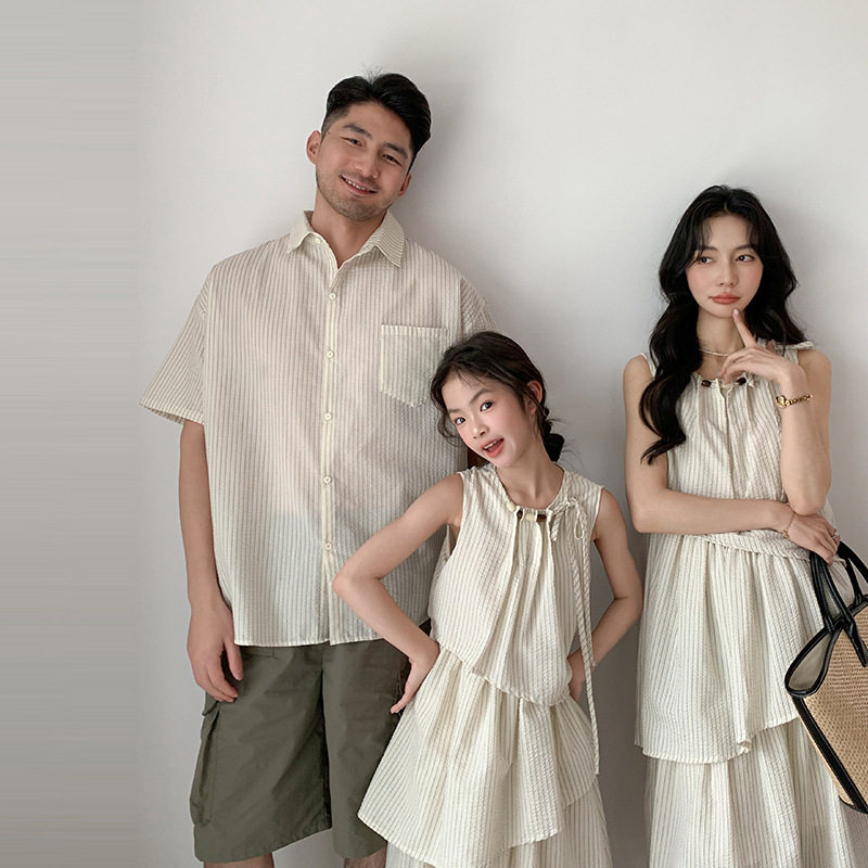 2026夏装韩系简约亲子装一家三口四口母女连衣裙衬衫度假全家装潮