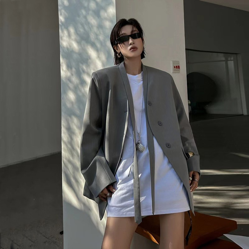 三岩色韩版长袖西装外套女中长款