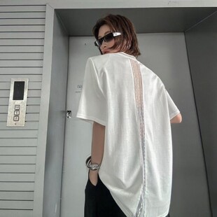 后背蕾丝拼接t恤女宽松韩版慵懒风v领纯棉正肩t恤夏新款垫肩上衣