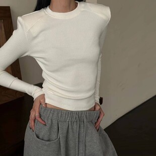 直角肩t恤显瘦紧身垫肩上衣短款 内搭针织衫 女春秋新款 螺纹打底衫