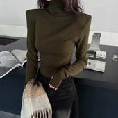 高领打底衫 显瘦垫肩上衣 t恤内搭加厚薄绒修身 女秋冬新款 正肩长袖
