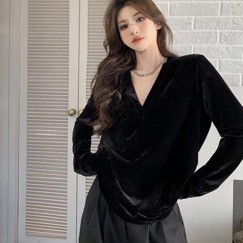 垫肩丝绒长袖正肩v领宽松显瘦女