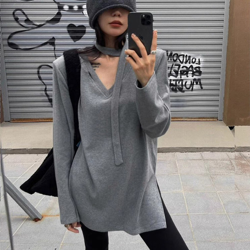 韩版垫肩V领长袖加绒加厚纯棉女