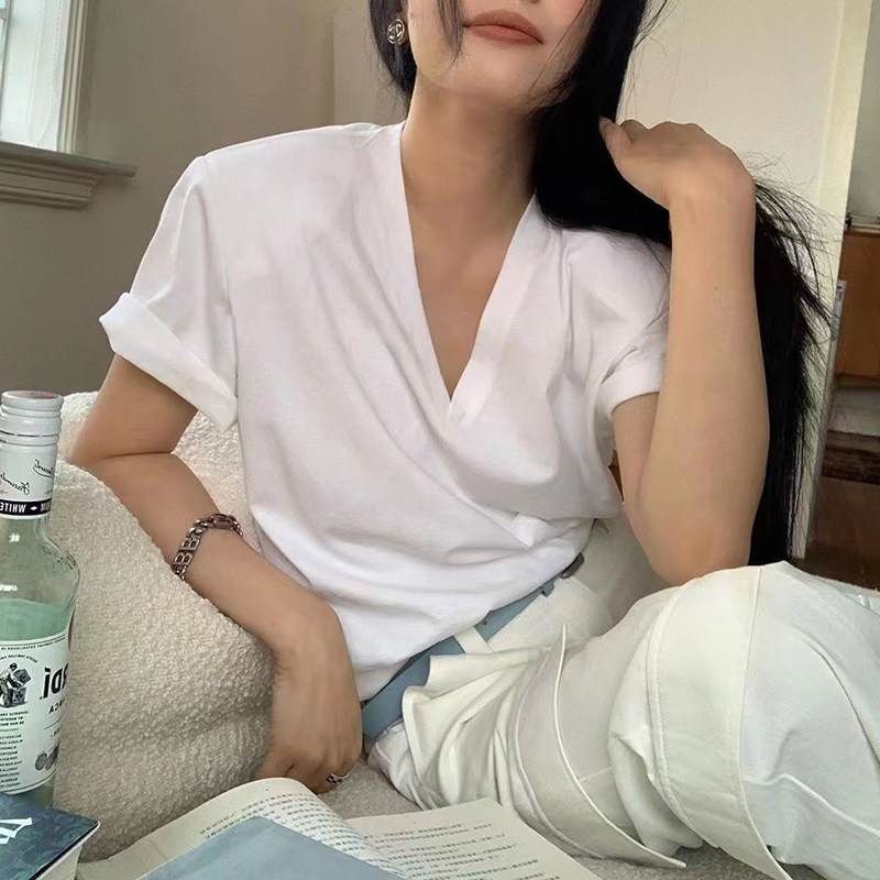 正肩v领t恤女短袖新款大码宽松直角肩显瘦垫肩上衣纯棉半袖体恤