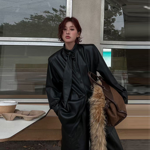 皮衬衫 酷飒风黑色衬衣女垫肩上衣潮 女高级感轻奢减龄洋气2025新款