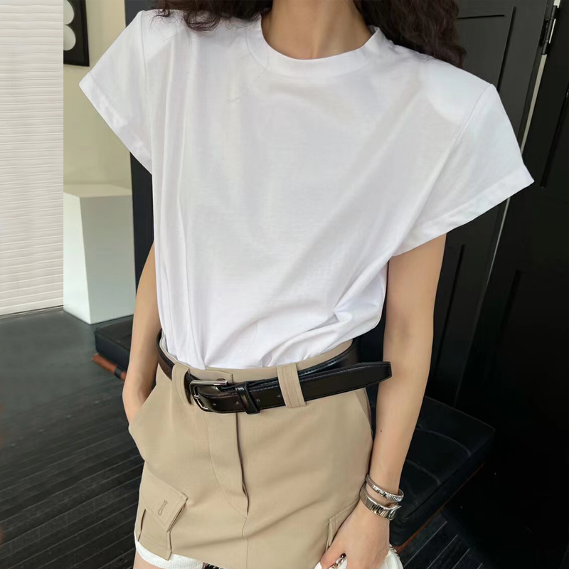 白色正肩短袖t恤女2025新款小个子圆领打底体恤小飞袖垫肩上衣夏