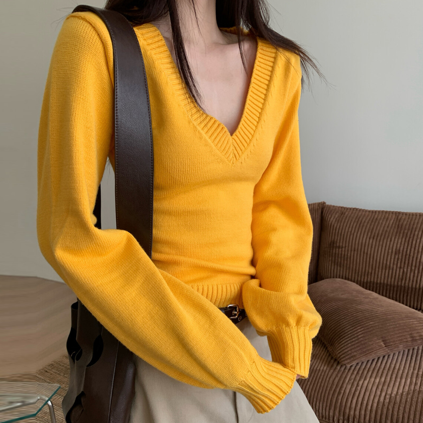 黄色v领毛衣女2025新款秋冬内搭