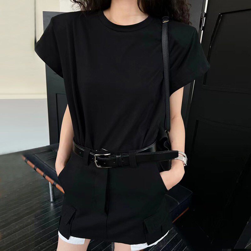 黑色正肩短袖t恤女2026新款小个子圆领半袖t恤女夏小飞袖垫肩上衣