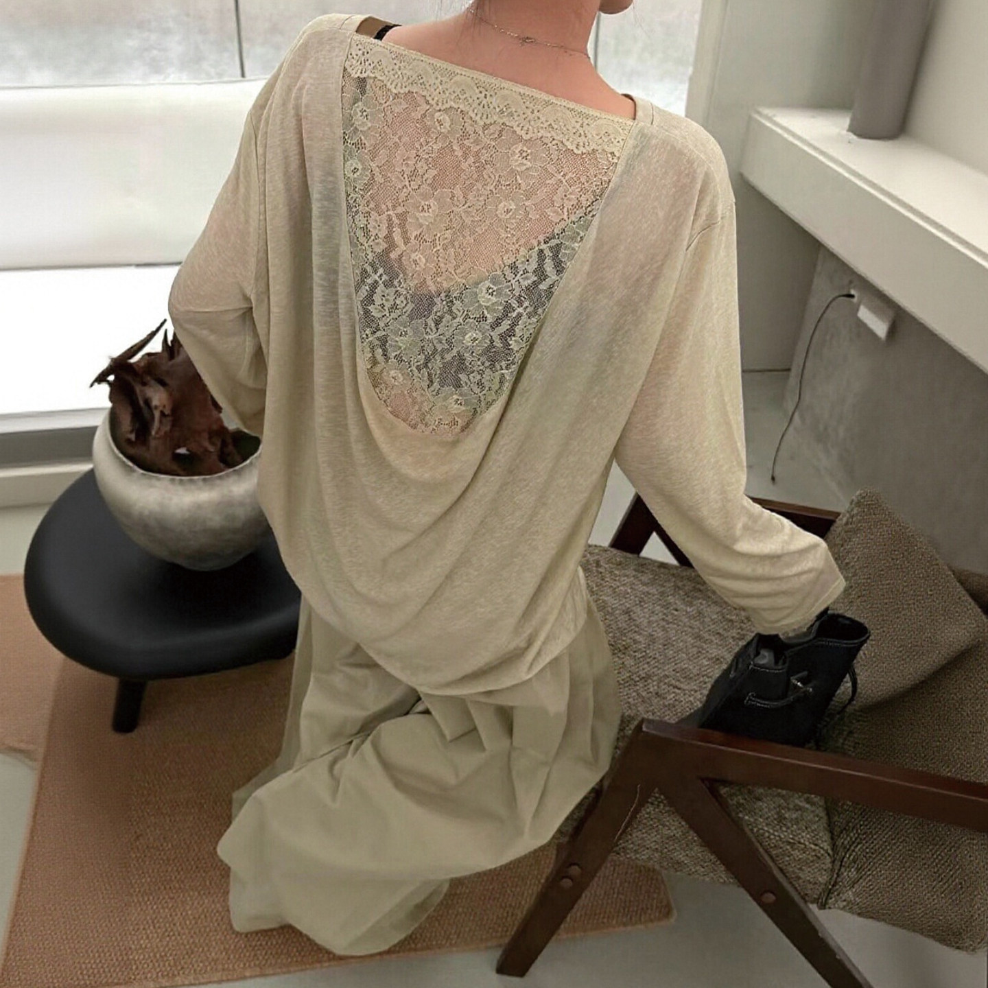 蕾丝拼接防晒衫女长袖薄款露背T恤女前后可穿性感透视一字领上衣