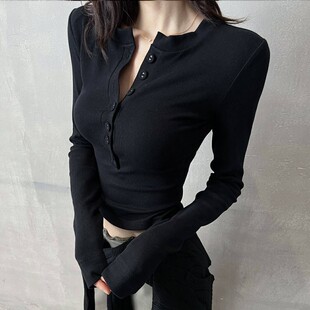长袖 辣妹短款 t恤女2026新款 显瘦性感纯欲风打底衫 上衣秋 修身 美式