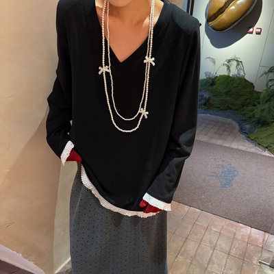 韩版长袖宽松垫肩t恤女