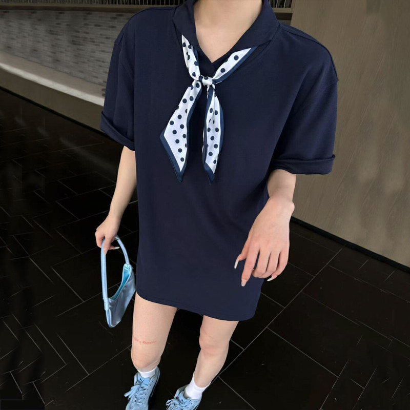 短袖t恤女中长款遮屁股洋气高档2026新款翻领波点领结开叉上衣夏