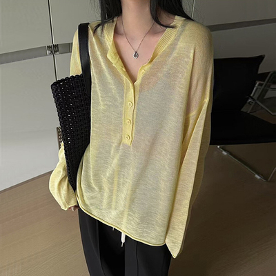 三岩色套头针织衫女宽松V领