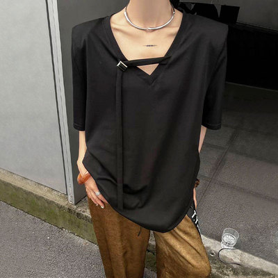 韩版垫肩短袖t恤女飘带V领宽松