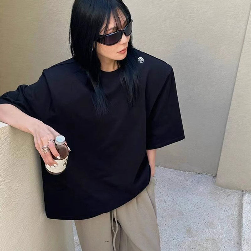 正肩短袖t恤女纯棉春夏新款2026宽松休闲百搭圆领垫肩上衣女半袖