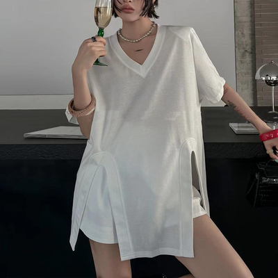 韩版宽松双边开叉垫肩短袖t恤女