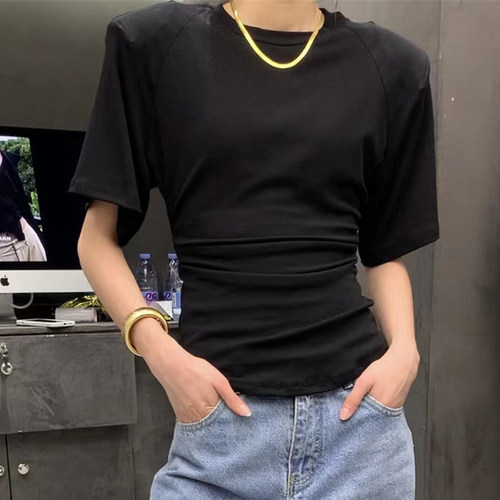 小众设计垫肩短袖褶皱收腰显瘦