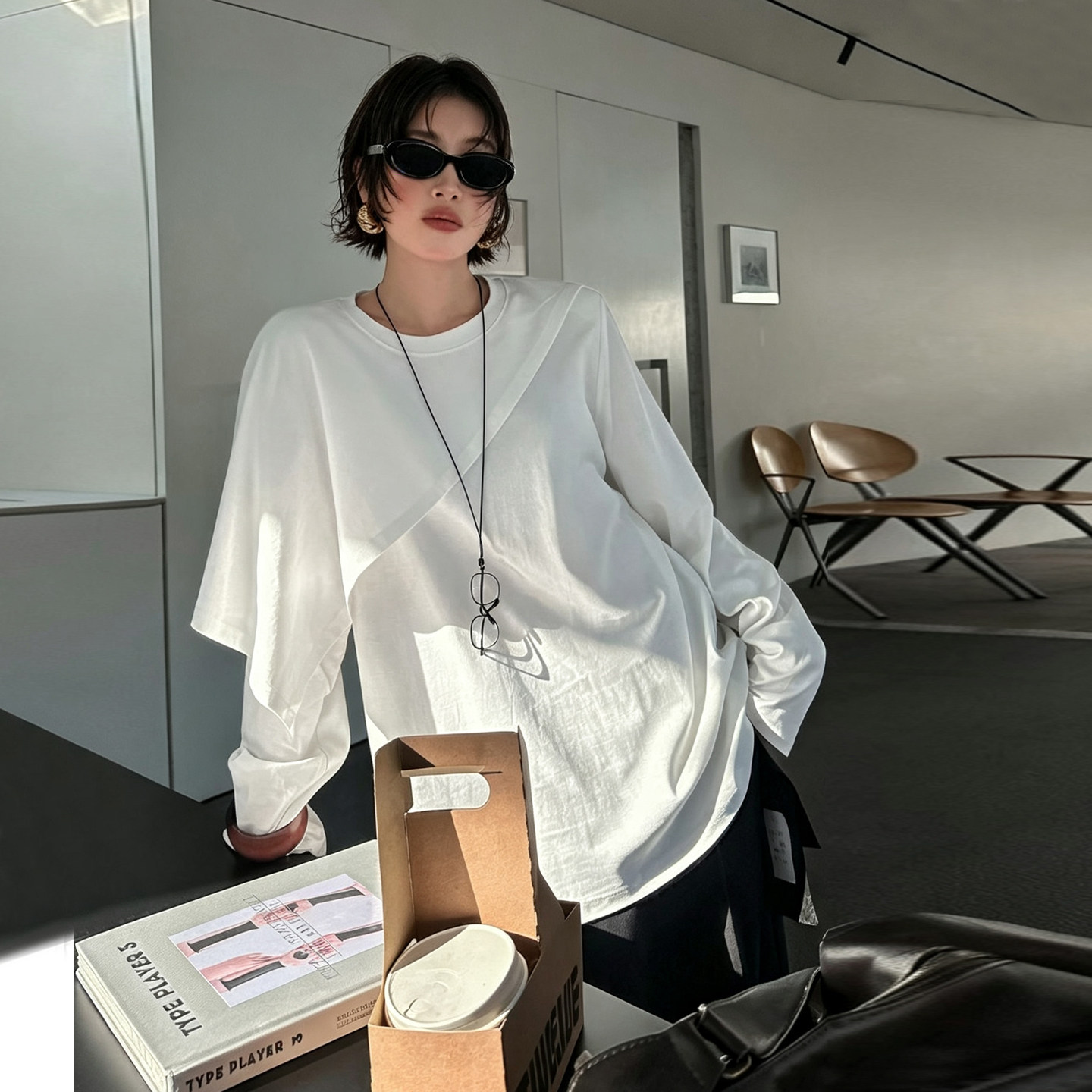 假两件长袖t恤女设计感披肩上衣图片