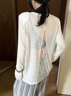 垫肩防晒衣女宽松后背开叉拼接蕾丝长袖薄款正肩v领防晒衫女t恤夏