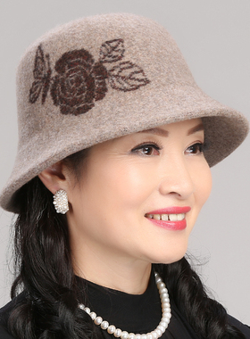 冬天羊毛呢女士老年人奶奶帽子