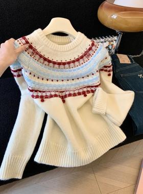 设计感圆领撞色针织衫女2025冬新款宽松显瘦休闲气质上衣潮53530