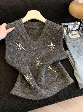 时髦V领钉珠针织马甲背心女早春新款洋气设计感百搭无袖上衣53561