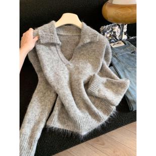 53135 翻领慵懒风加厚上衣冬装 灰色v领针织毛衣女早秋季 2025新款