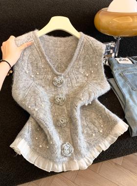 新款小香风立体花朵钉珠针织马甲女2025秋冬ins减龄上衣女53497