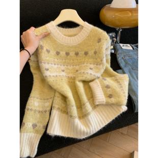 新款 毛线衣53429 圆领费尔岛套头毛衣女2025秋冬加厚保暖休闲长袖