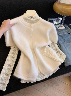 圆领珍珠扣软糯亲肤纯色短袖针织开衫外套女配蕾丝长袖上衣53571