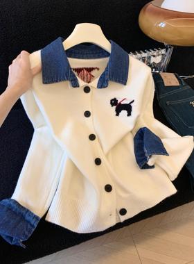 秋冬新款翻领牛仔拼接假两件针织开衫洋气减龄显瘦女上衣潮53506