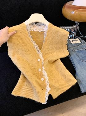 秋冬针织马甲叠穿V领蕾丝拼接毛衣背心2025新款外穿开衫坎肩50494